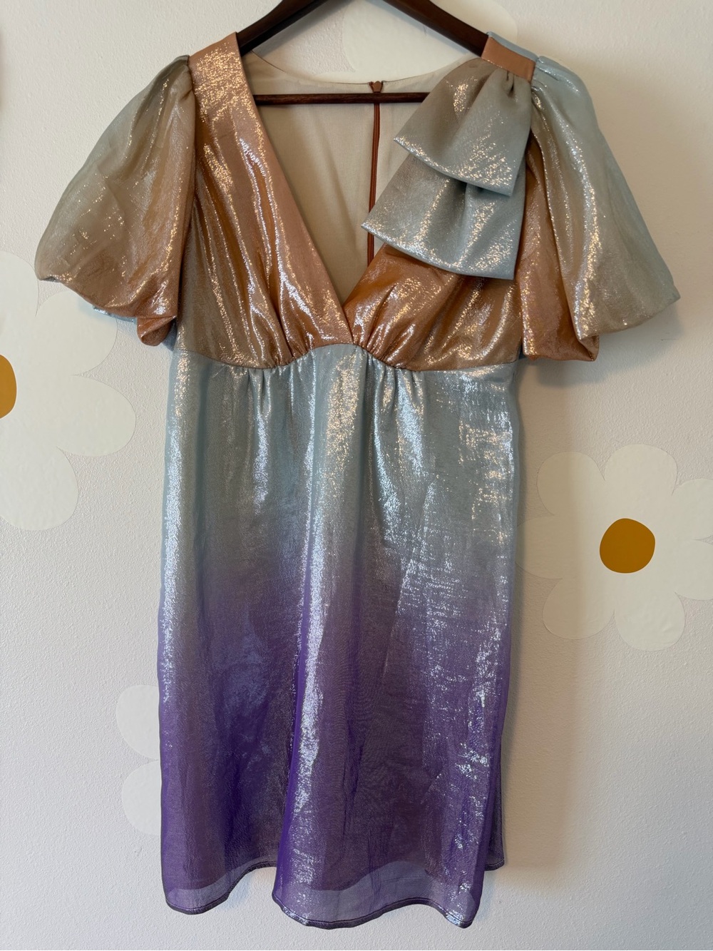 NWT Y2K Voom Silk Metallic Shoulder Bow Puff Sleeve Mini Party Dress by Joy Han